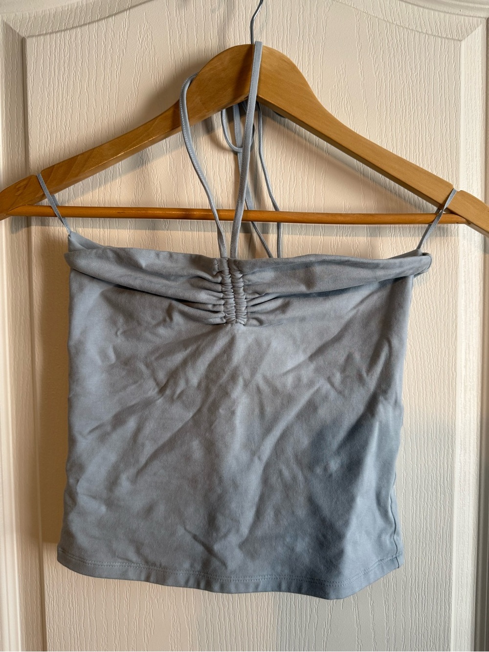 TNA Light Blue Ruched Halter Crop Top